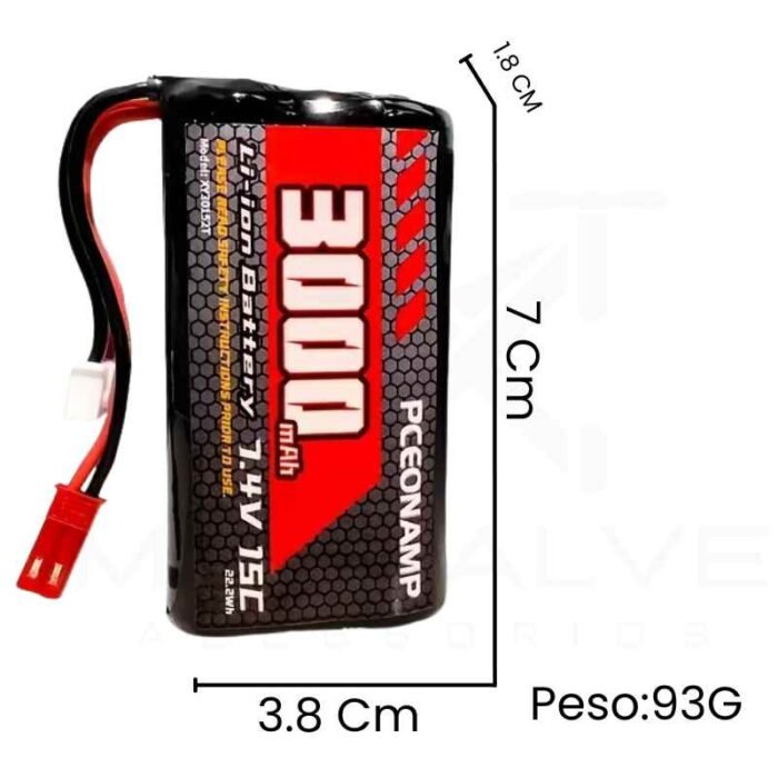 Batería recargable medidas Batería Li-ion 7.4V 3000mAh (2S) con Conector JST
