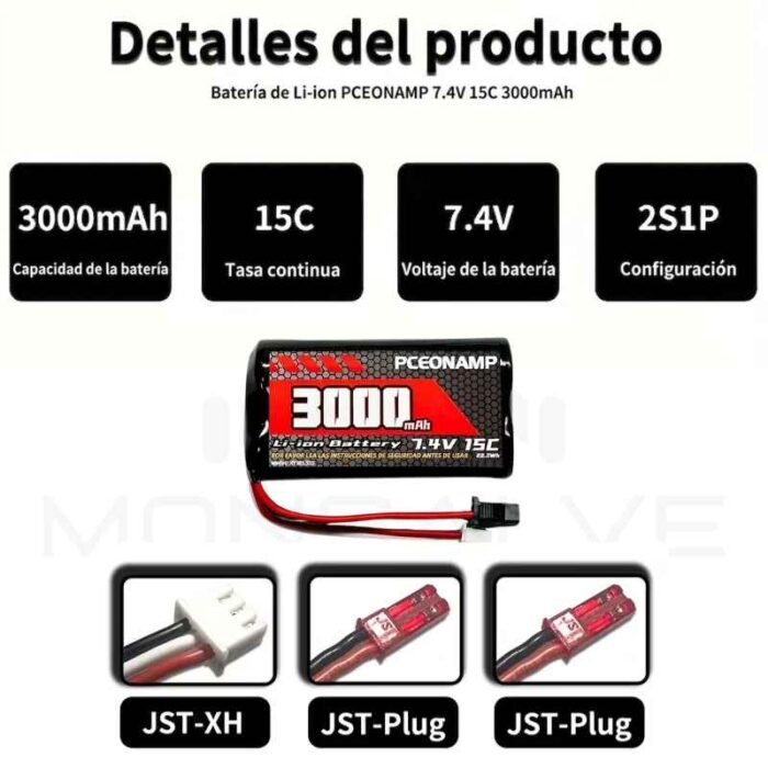 Batería recargable Batería Li-ion 7.4V 3000mAh (2S) con Conector JST
